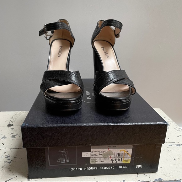 Prada Madras Classic Nero Open Toed Platform Heels - Picture 14 of 15